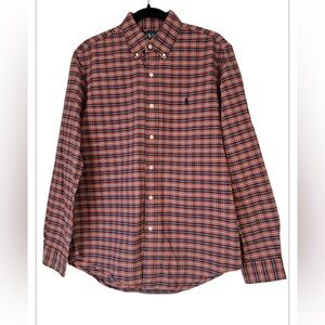 Ralph Lauren Men's Medium Orange Blue Plaid Button Down Cotton Custom Fit  Shirt